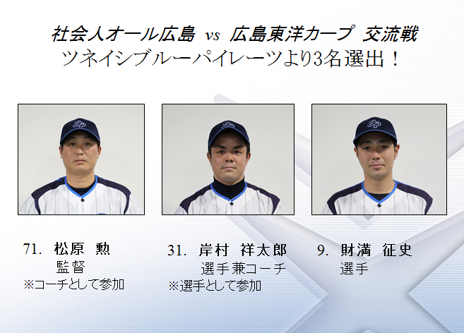 “広島東洋カープ vs 社会人オール広島 交流戦”にツネイシブルーパイレーツから近年最多となる3名が選出！